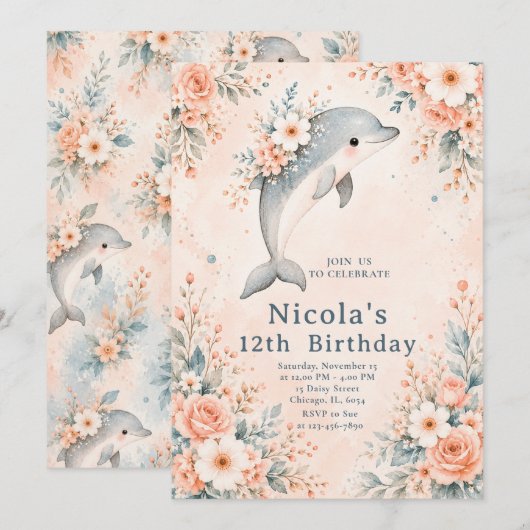 イルカと花の誕生日 招待状 (正面/裏面)