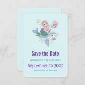 イルカに乗るかわいい人魚誕生日 セーブザデート (正面/裏面)
