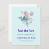 イルカに乗る人魚のファンタジーデートを救う インビテーションポストカード (正面/裏面)