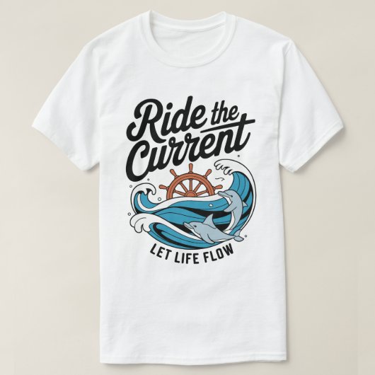 イルカのサーフィンと船の舵輪 Tシャツ (デザイン正面)