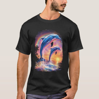 イルカのシンフォニー 海 メメ 虹色の夕焼け 海洋 イルカ Tシャツ