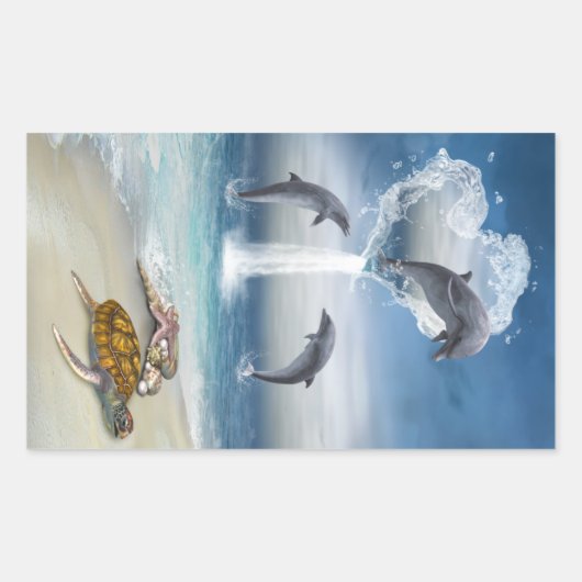 イルカのハートシール 長方形シール (正面)