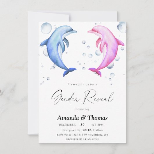 イルカのピンクまたは青の性別の表示 招待状 (正面)