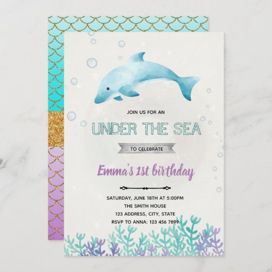 イルカのベビーシャワーガールの招待 招待状 (正面/裏面)