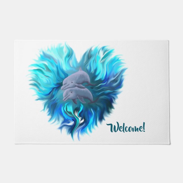 イルカのペア， Dolphinハート ドアマット (正面)