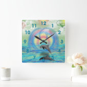 イルカの上昇 スクエア壁時計 (ホーム)