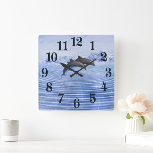 イルカの明白に青い海 スクエア壁時計 (ホーム)