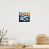 イルカの海景オイルペインティング 海の波 🐬🌊🎨 ポスター (キッチン)