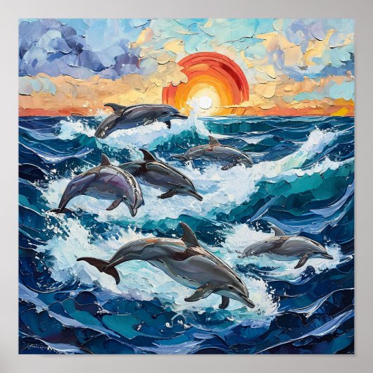 イルカの海景オイルペインティング 海の波 🐬🌊🎨 ポスター (正面)