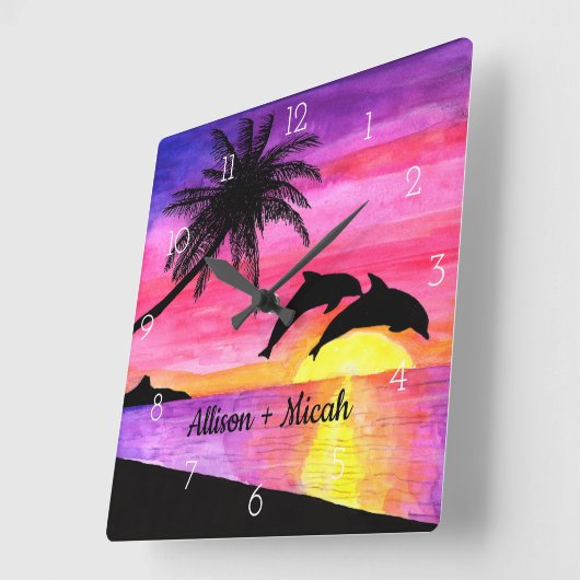 イルカの熱帯楽園のパーソナライズな柱時計 スクエア壁時計 (傾斜)