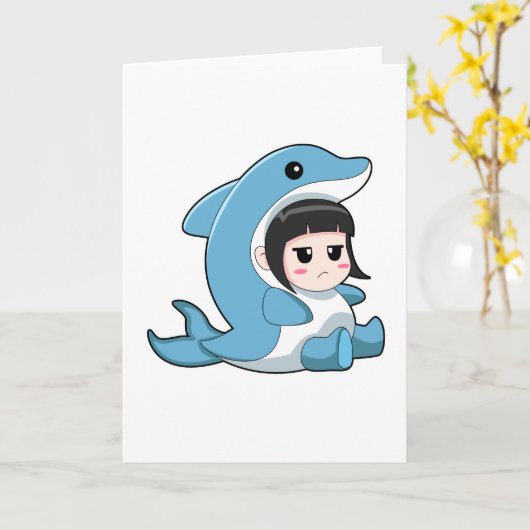 イルカの衣装を着た子供 カード (黄色い花)