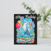 イルカの誕生日おめでとう 誕生日帽子をかぶったイルカ ポストカード (スタンド正面)