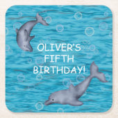イルカの誕生日パーティーで海の中 スクエアペーパーコースター (正面)