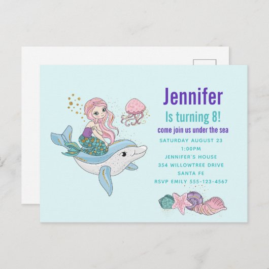 イルカの誕生日パーティーに乗るマーメイドファンタジー インビテーションポストカード (正面/裏面)