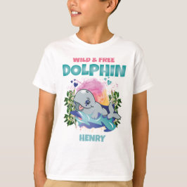 イルカの野生で自由でカラフル可愛いおもしろい子供 Tシャツ