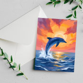 イルカの飛躍 サンセット 水彩画 海 ポストカード
