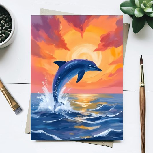イルカの飛躍 サンセット 水彩画 海 ポストカード