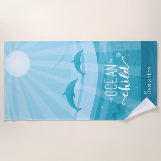 イルカの魚の海波パーソナライズされた ビーチタオル (正面)