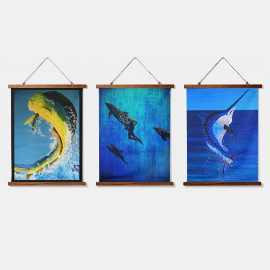 イルカの魚、救助イルカ、マーリン 吊り下げ型タペストリー (トリプル)