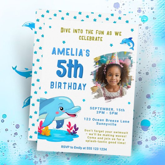 イルカをテーマにした海の動物の子供の誕生日 招待状