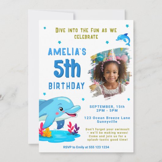 イルカをテーマにした海獣子供の誕生日写真 招待状 (正面)