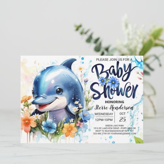 イルカをテーマにした男の赤ちゃんシャワー 招待状 (スタンド正面)