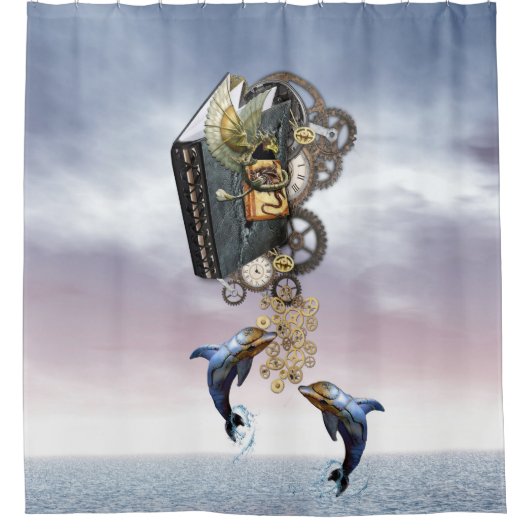 イルカを飛ばすステームパンク シャワーカーテン (正面)