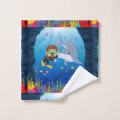 イルカテーマコーラルリード付き海洋ダイビング バスタオルセット (ウォッシュタオル)