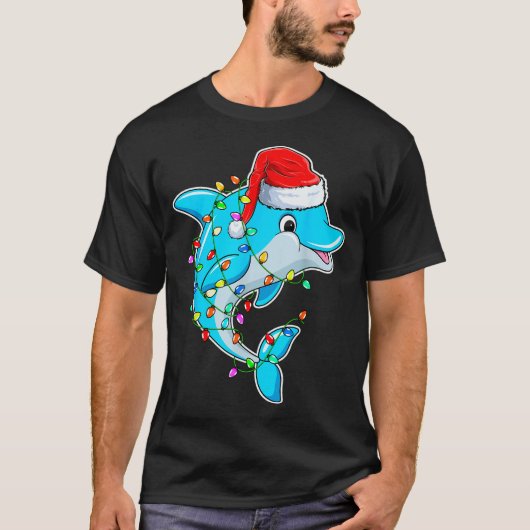 イルカ好きのクリスマス - サンタの帽子をかぶったイルカ Tシャツ (正面)