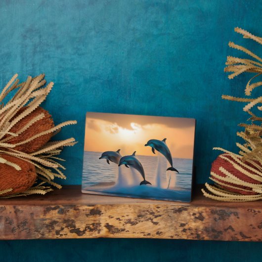 イルカ威厳のあるは夕暮れ時に飛び跳ねた。 フォトプラーク (側面)