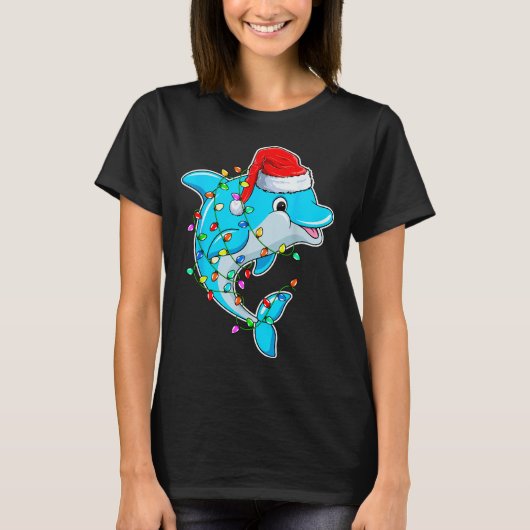 イルカ愛好家のクリスマス - サンタ帽子をかぶったイルカ Tシャツ (正面)