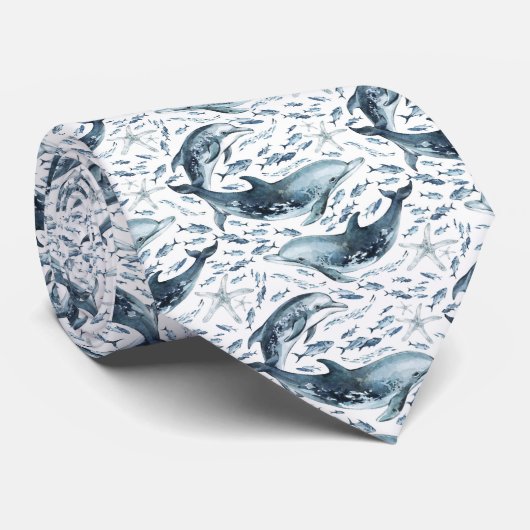 イルカ航海のと魚の模様 ネクタイ (ロール)