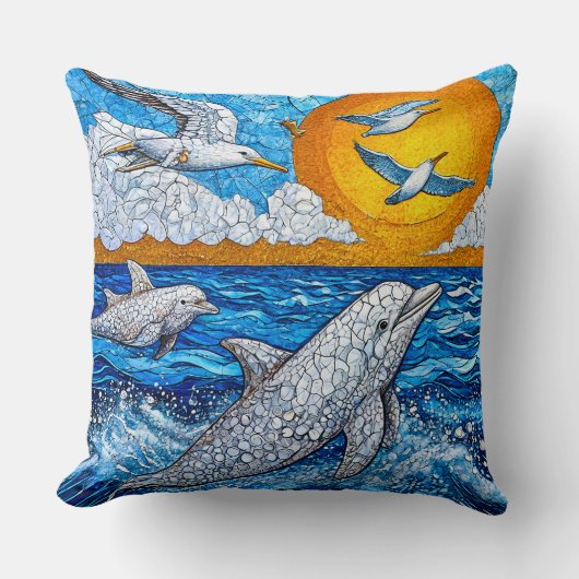 イルカ かもめ 海の風景 🌊🐬 海辺のそよ風 クッション (正面)