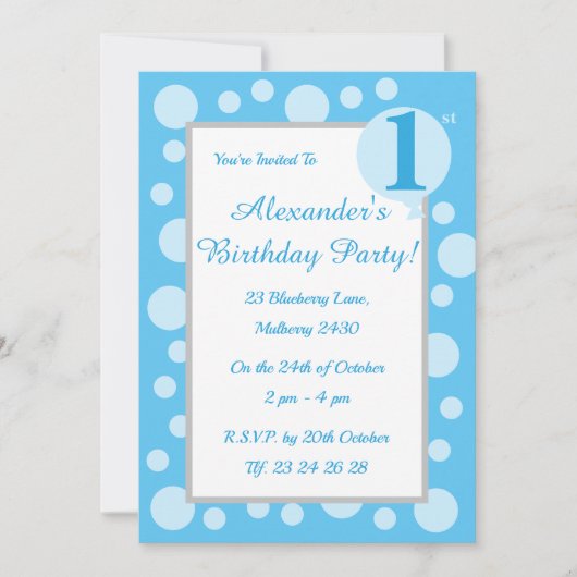 イルシマライトブルースポット&ドットボーイズ1st誕生日 招待状 (正面)