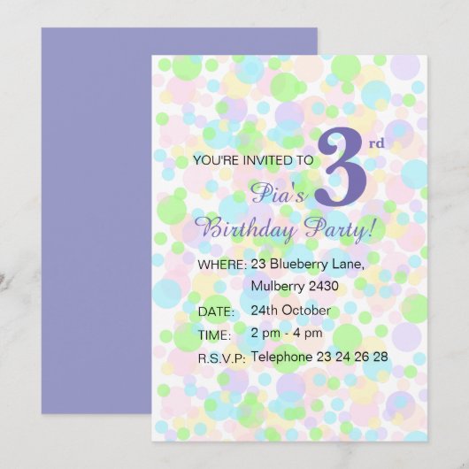 イルシマレインボーパステルドットガールズパープル誕生日 招待状 (正面/裏面)