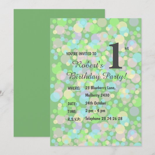 イルシマレインボーパステルドットボーズグリーン誕生日I 招待状 (正面/裏面)