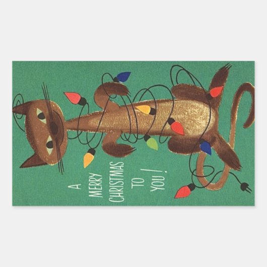 イルミネーションで彩るヴィンテージのクリスマスキャット 長方形シール (正面)