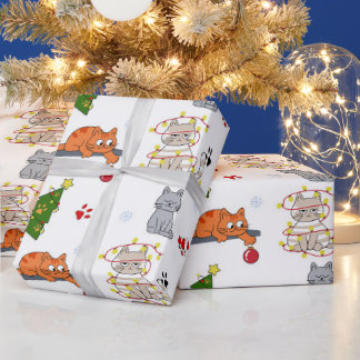 イルミネーションに絡まる面白いクリスマスの猫のラッピングペーパー ラッピングペーパー