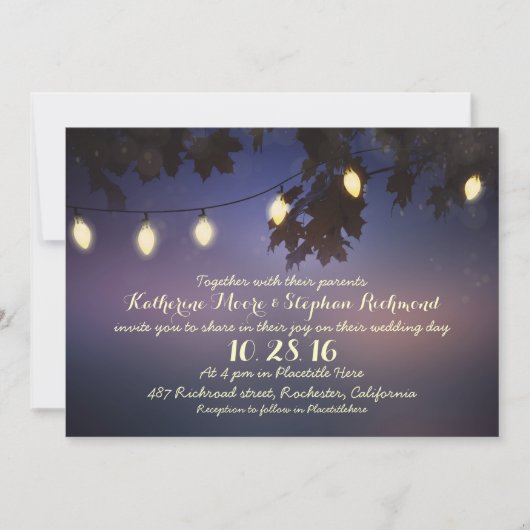 イルミネーションのストリング ライトのラスティック ウェディング インビテーション (正面)