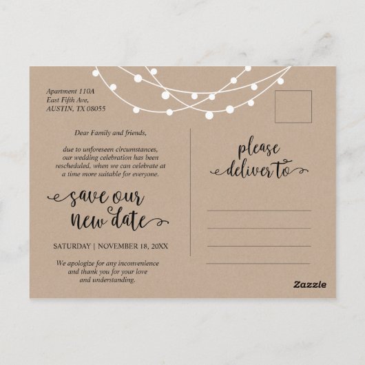 イルミネーションランプ, 愛は全てを勝ち取る 結婚式延期のお知らせ ポストカード (裏面)