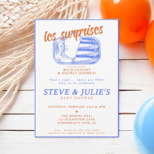 イワシ缶魚ツインツインマルチプルベビーシャワー 招待状