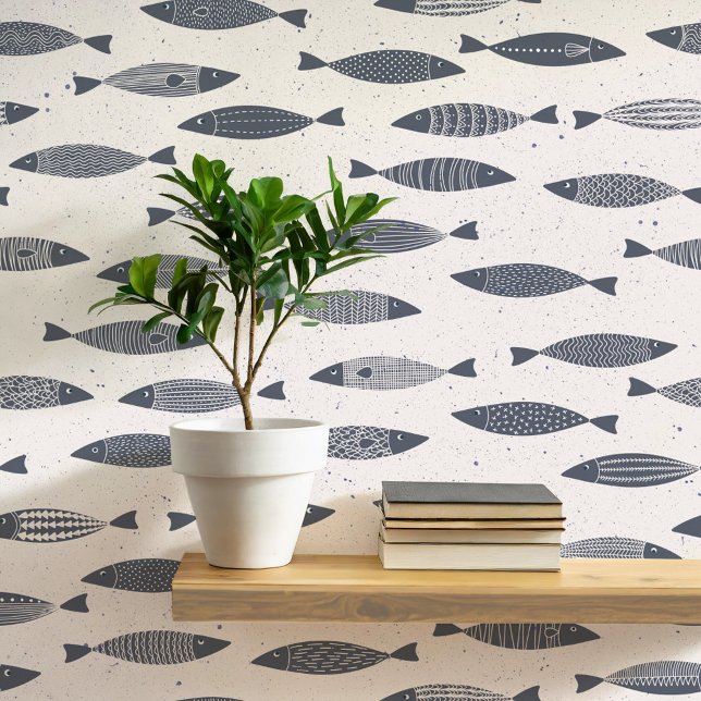 イワシ魚インディゴブルークリーム 壁紙 (Fun coastal sardines fish wallpaper in indigo blue and cream)