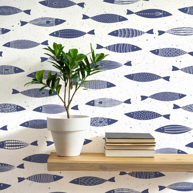 イワシ魚ネイビーブルー白海岸 壁紙 (Fun coastal sardines fish wallpaper in navy blue and white)