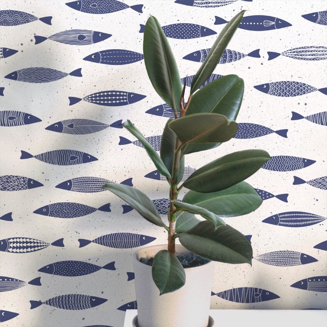 イワシ ネイビーブルー ホワイト コースト 壁紙 (Fun coastal sardines fish wallpaper in indigo blue and white)