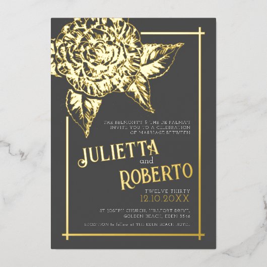 インキク結婚カメリアの茶色と金ゴールド 箔招待状 (正面)