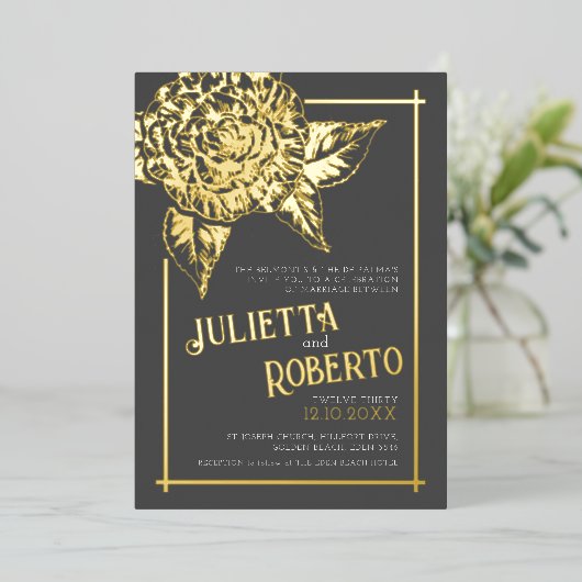 インキク結婚カメリアの茶色と金ゴールド 箔招待状 (立ち正面)