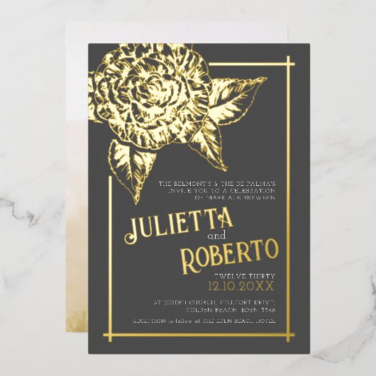 インキク結婚カメリアの茶色と金ゴールド 箔招待状 (正面/裏面)