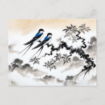 インキペイントで枝に止まる中国のツバメ