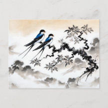 インキペイントで枝に止まる中国のツバメ