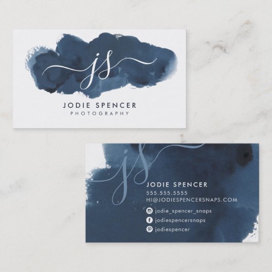 インキロゴエレガントかわいらしイニシャルブルーウォーター色 名刺 (正面/裏面)